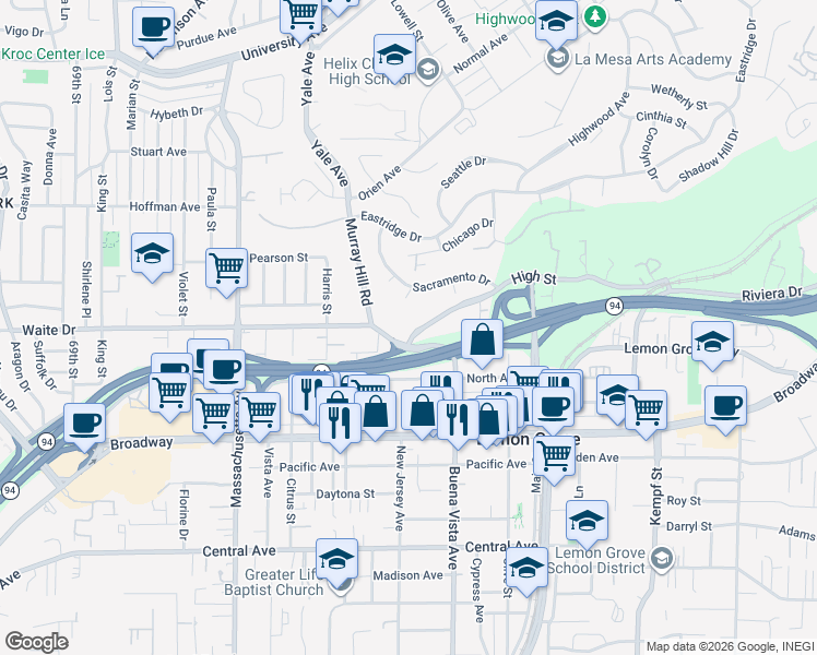 map of restaurants, bars, coffee shops, grocery stores, and more near 7520 High Street in La Mesa