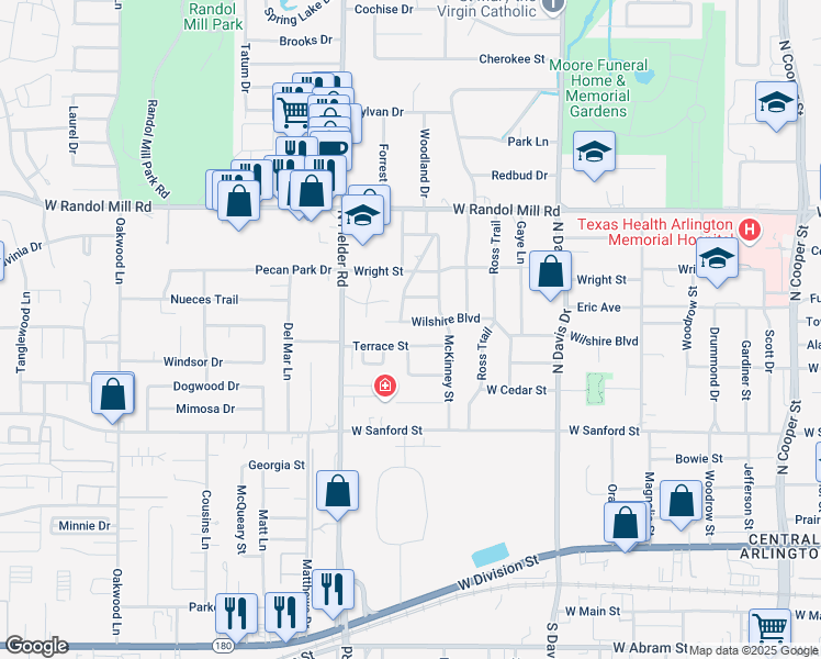 map of restaurants, bars, coffee shops, grocery stores, and more near 1512 Wilshire Boulevard in Arlington