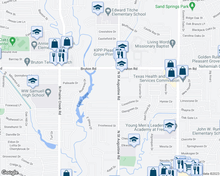 map of restaurants, bars, coffee shops, grocery stores, and more near 1953 North Saint Augustine Drive in Dallas
