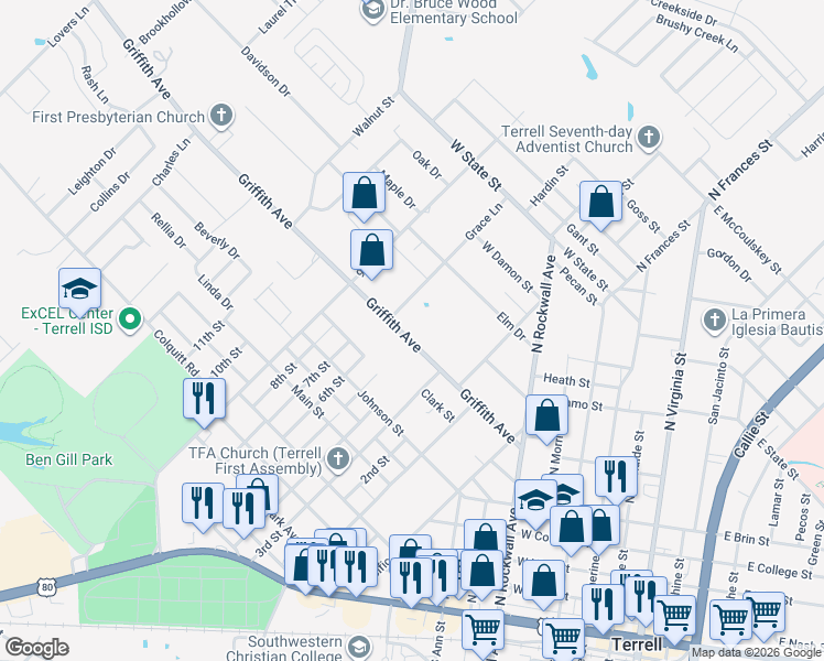 map of restaurants, bars, coffee shops, grocery stores, and more near 506 Griffith Avenue in Terrell