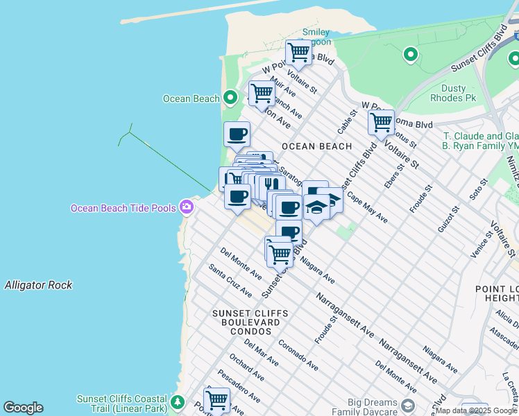 map of restaurants, bars, coffee shops, grocery stores, and more near 4961 Newport Avenue in San Diego