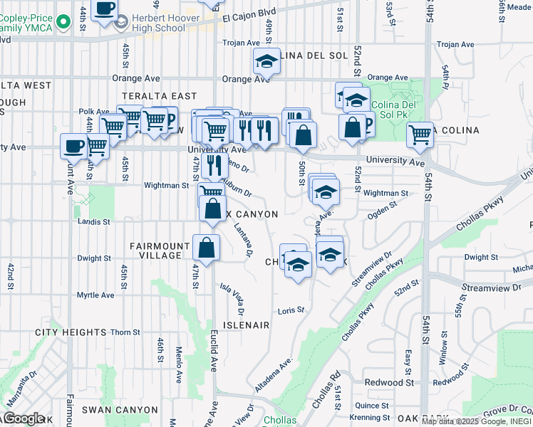 map of restaurants, bars, coffee shops, grocery stores, and more near 4933 Auburn Drive in San Diego