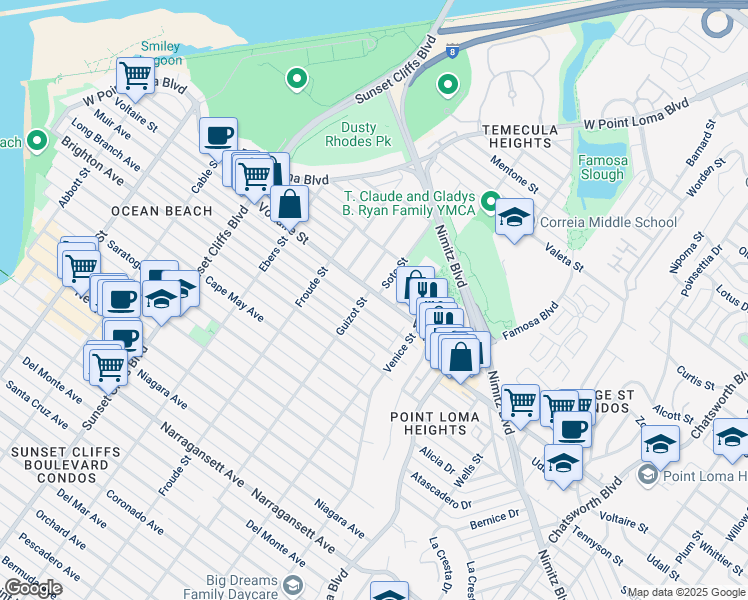 map of restaurants, bars, coffee shops, grocery stores, and more near 2176 Guizot Street in San Diego