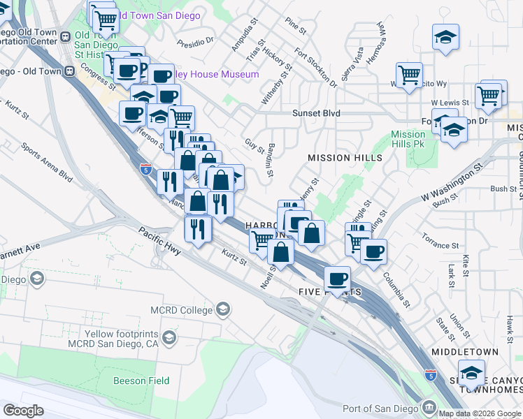 map of restaurants, bars, coffee shops, grocery stores, and more near 2045 West California Street in San Diego