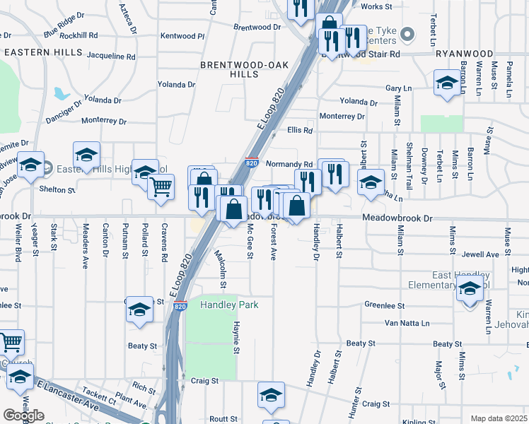 map of restaurants, bars, coffee shops, grocery stores, and more near 6413 Meadowbrook Drive in Fort Worth