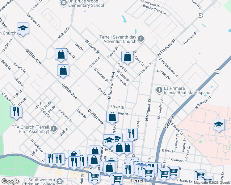 map of restaurants, bars, coffee shops, grocery stores, and more near 910 North Rockwall Street in Terrell