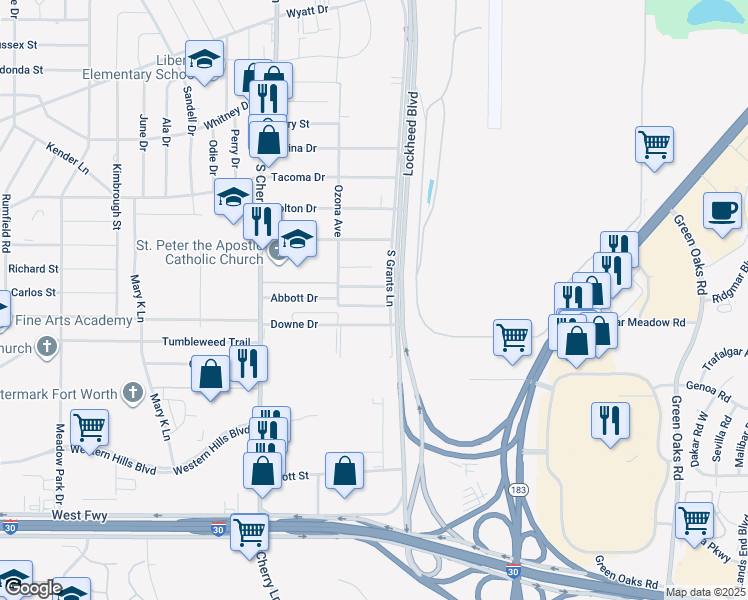 map of restaurants, bars, coffee shops, grocery stores, and more near 7608 Abbott Drive in White Settlement