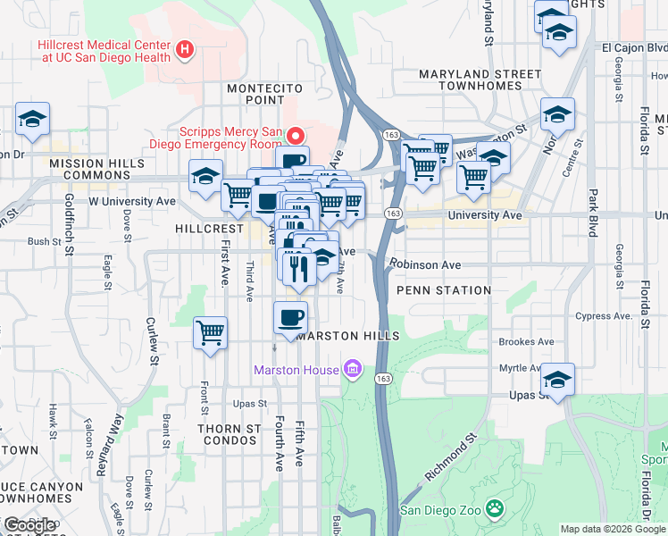 map of restaurants, bars, coffee shops, grocery stores, and more near in San Diego