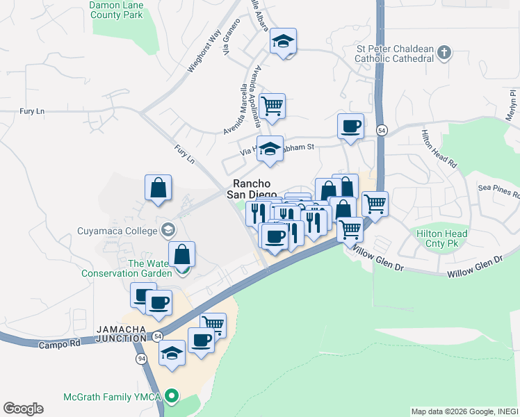map of restaurants, bars, coffee shops, grocery stores, and more near 11372 Via Rancho San Diego in El Cajon