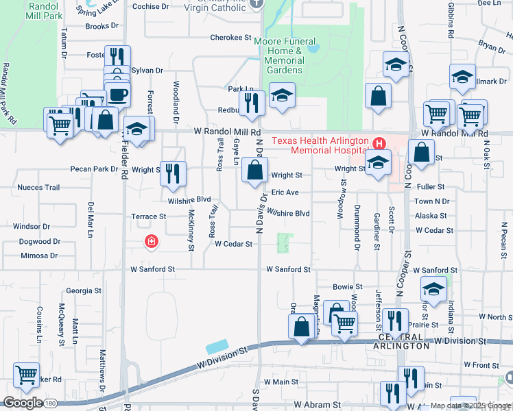 map of restaurants, bars, coffee shops, grocery stores, and more near 1201 Wilshire Boulevard in Arlington