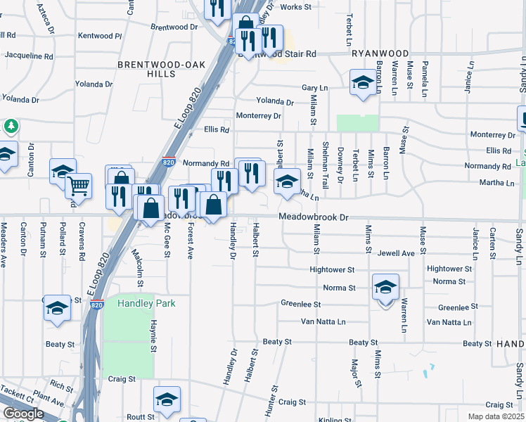 map of restaurants, bars, coffee shops, grocery stores, and more near 6625 Meadowbrook Drive in Fort Worth