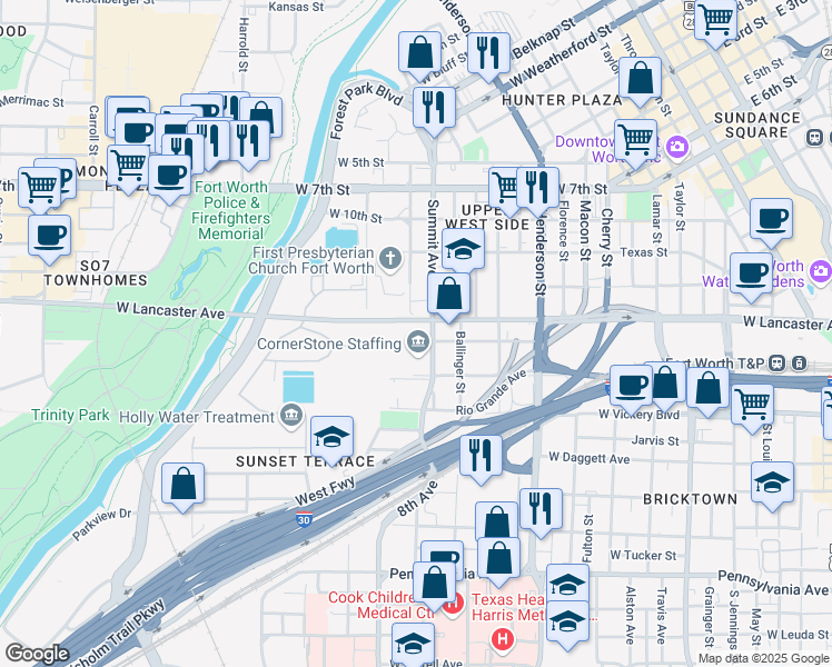 map of restaurants, bars, coffee shops, grocery stores, and more near 1200 Summit Avenue in Fort Worth