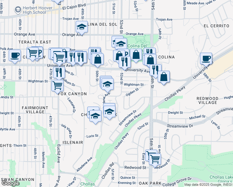 map of restaurants, bars, coffee shops, grocery stores, and more near 5164 Landis Street in San Diego