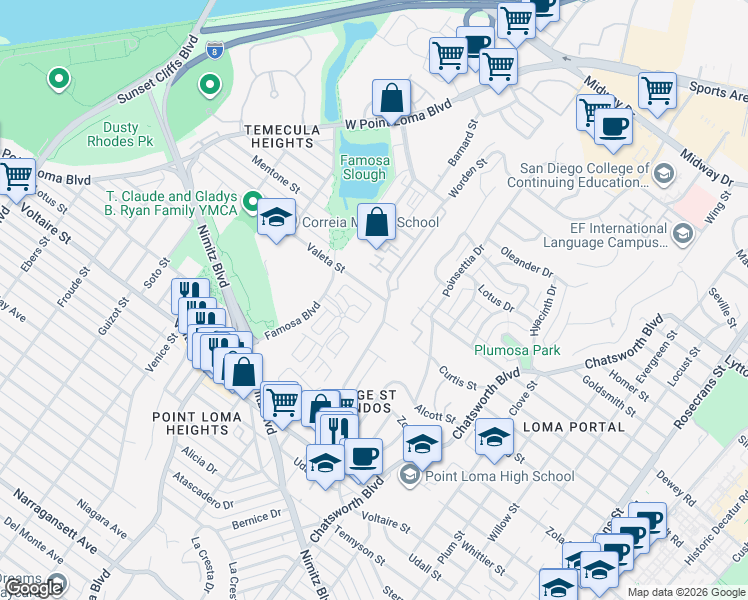 map of restaurants, bars, coffee shops, grocery stores, and more near 2478 Caminito Venido in San Diego