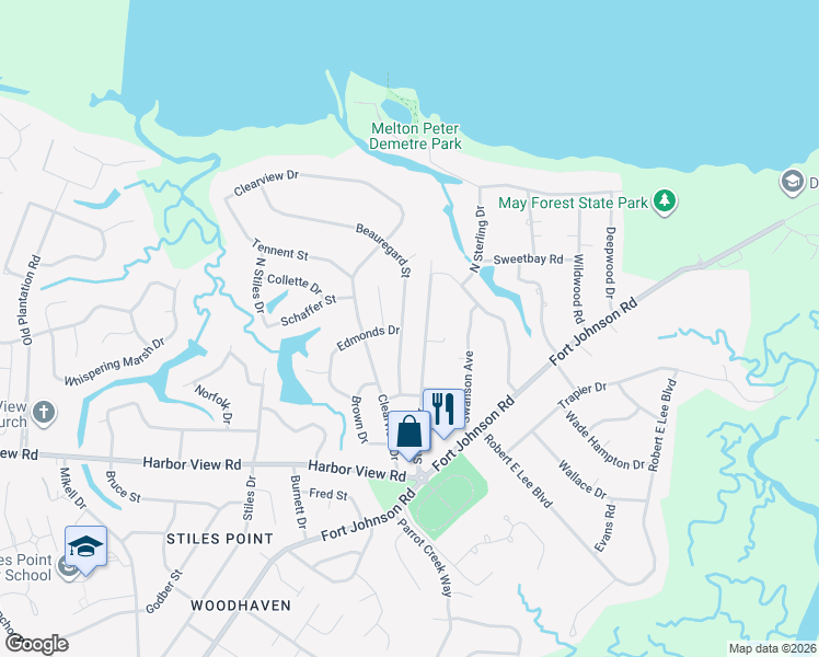 map of restaurants, bars, coffee shops, grocery stores, and more near 695 Sterling Drive in Charleston
