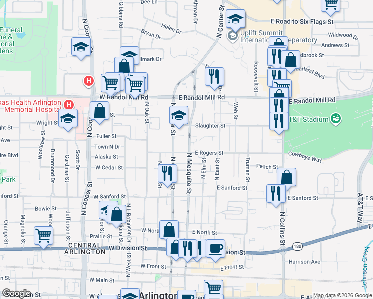 map of restaurants, bars, coffee shops, grocery stores, and more near 804 North Mesquite Street in Arlington