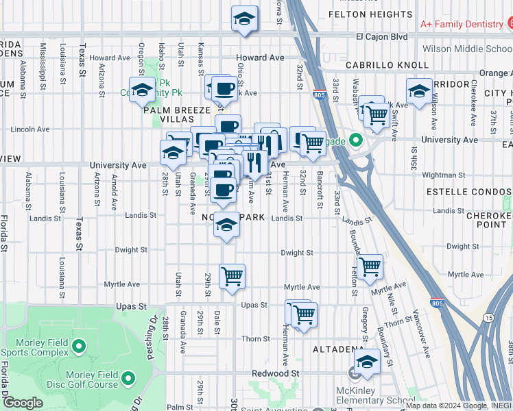 map of restaurants, bars, coffee shops, grocery stores, and more near 3737 Grim Avenue in San Diego