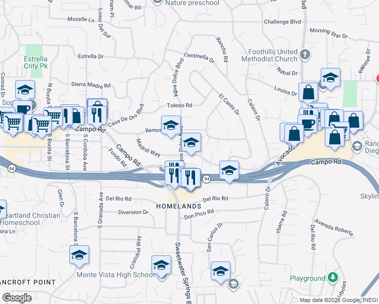 map of restaurants, bars, coffee shops, grocery stores, and more near 10268 Madrid Way in Spring Valley