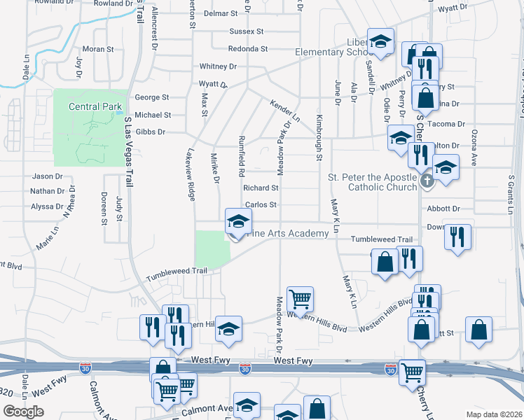 map of restaurants, bars, coffee shops, grocery stores, and more near 8221 Carlos Street in Fort Worth