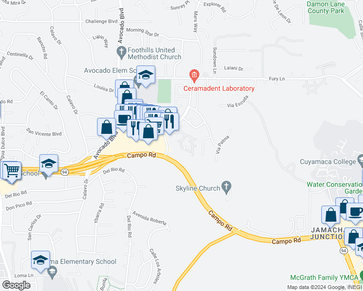 map of restaurants, bars, coffee shops, grocery stores, and more near in Rancho San Diego
