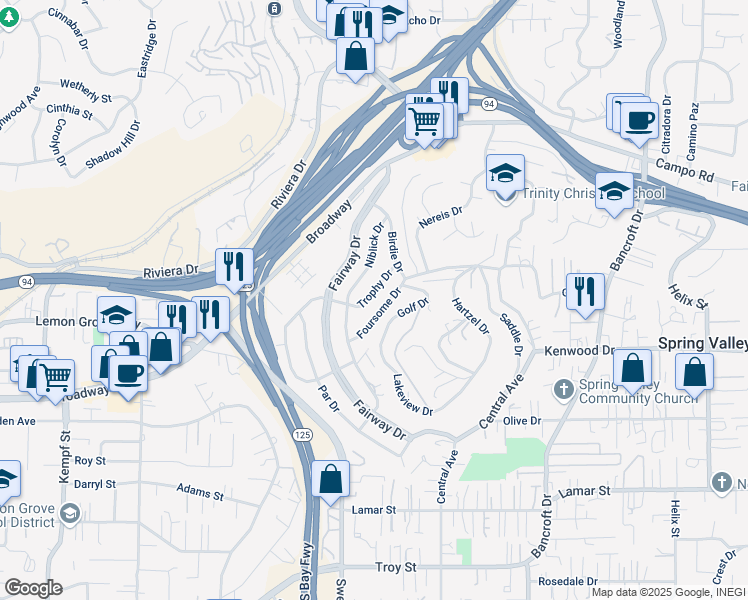 map of restaurants, bars, coffee shops, grocery stores, and more near 3544 Trophy Drive in La Mesa