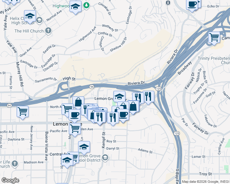 map of restaurants, bars, coffee shops, grocery stores, and more near 8082 Lemon Grove Way in Lemon Grove