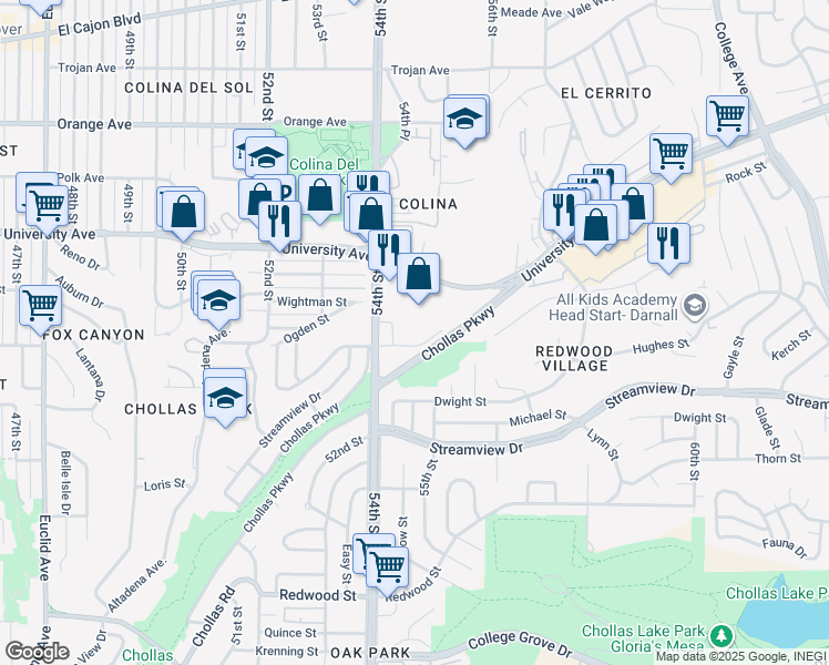 map of restaurants, bars, coffee shops, grocery stores, and more near 5450 Lea St in San Diego