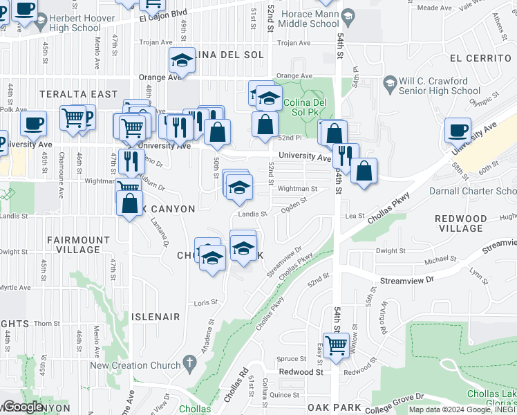 map of restaurants, bars, coffee shops, grocery stores, and more near 3720 52nd Street in San Diego
