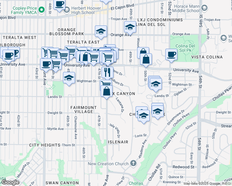 map of restaurants, bars, coffee shops, grocery stores, and more near 4780 Lantana Drive in San Diego