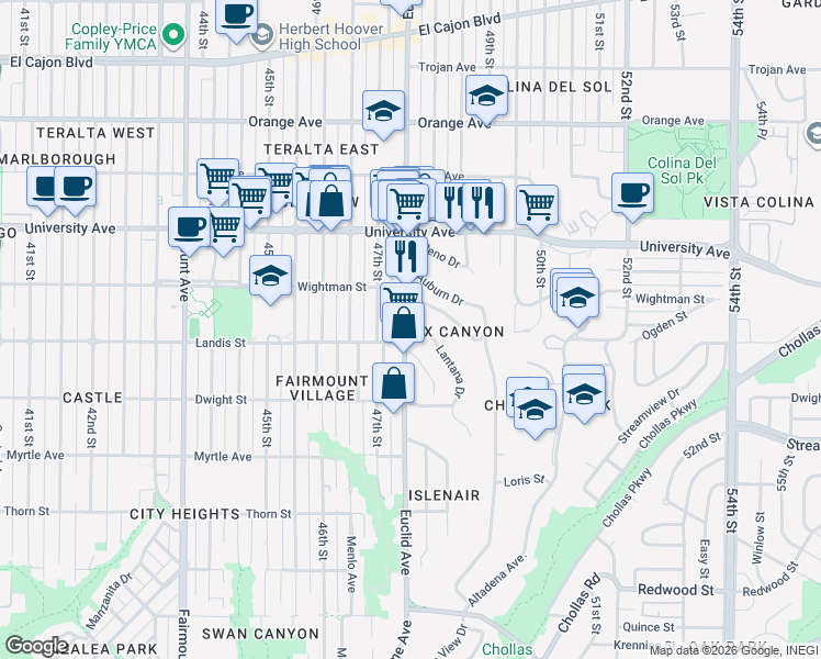 map of restaurants, bars, coffee shops, grocery stores, and more near 4780 Lantana Drive in San Diego