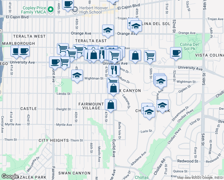 map of restaurants, bars, coffee shops, grocery stores, and more near 3735-37 47th Street in San Diego
