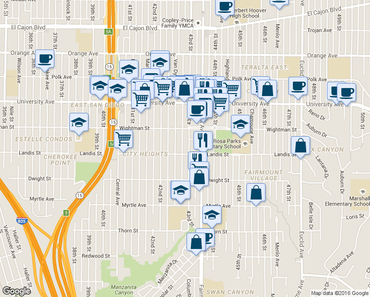 map of restaurants, bars, coffee shops, grocery stores, and more near 3730 43rd Street in San Diego