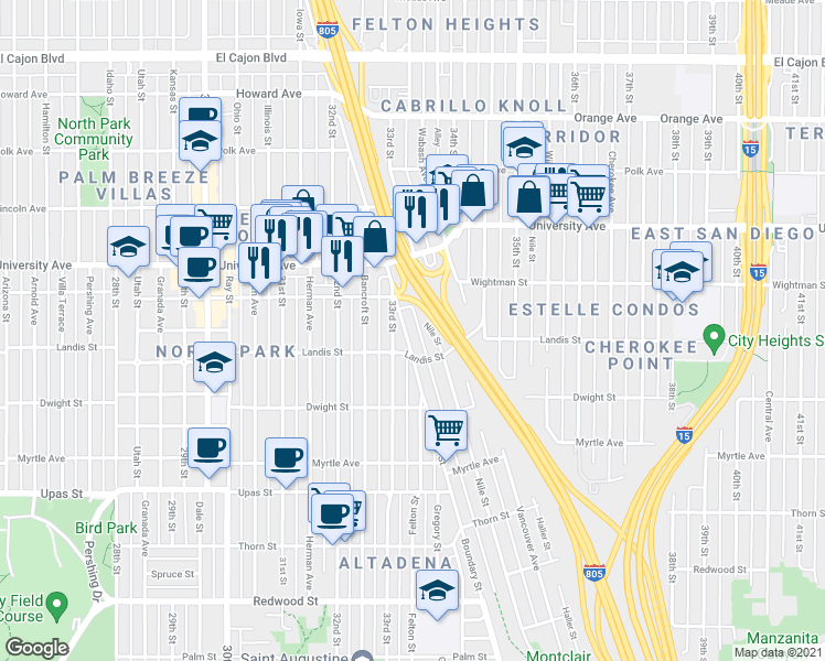 map of restaurants, bars, coffee shops, grocery stores, and more near 3752 Nile Street in San Diego