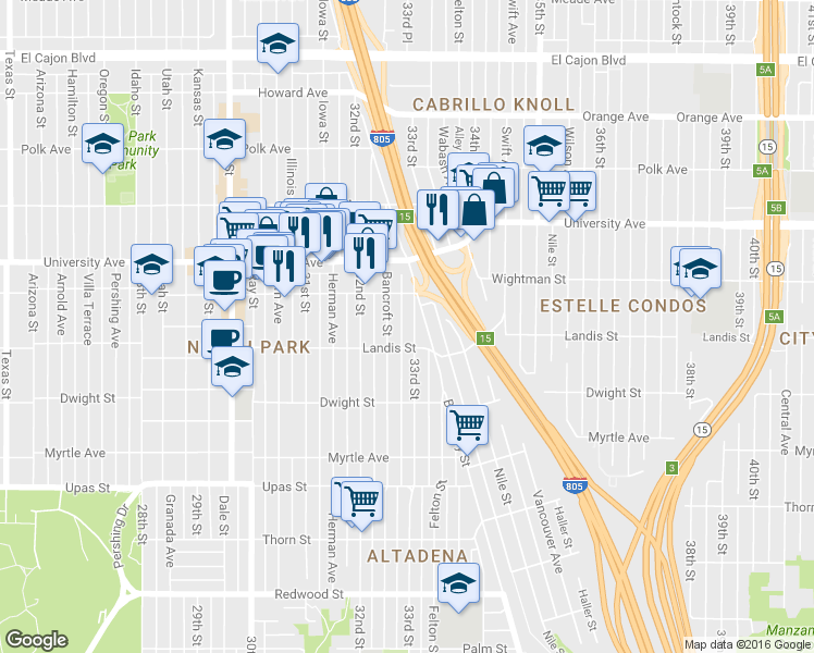 map of restaurants, bars, coffee shops, grocery stores, and more near 3752 33rd Street in San Diego