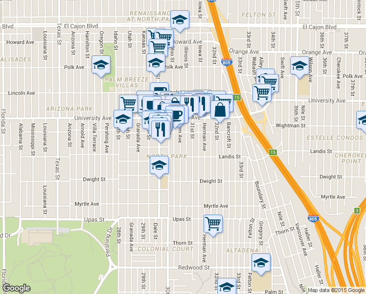 map of restaurants, bars, coffee shops, grocery stores, and more near 3746 31st Street in San Diego