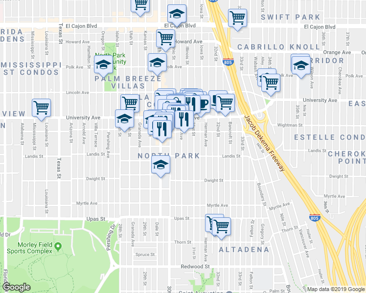 map of restaurants, bars, coffee shops, grocery stores, and more near 3746 31st Street in San Diego