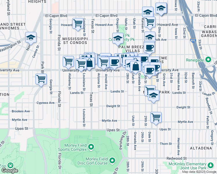 map of restaurants, bars, coffee shops, grocery stores, and more near 3739 Arnold Avenue in San Diego