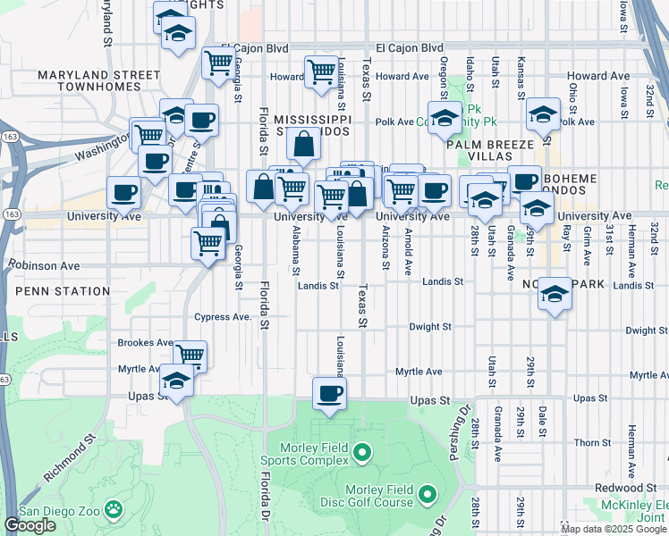 map of restaurants, bars, coffee shops, grocery stores, and more near 3749 Mississippi Street in San Diego