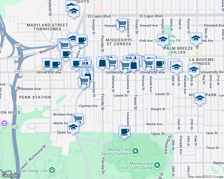 map of restaurants, bars, coffee shops, grocery stores, and more near 2050 Robinson Avenue in San Diego