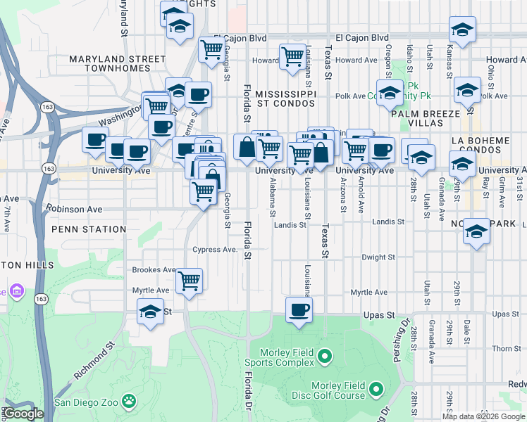 map of restaurants, bars, coffee shops, grocery stores, and more near 2050 Robinson Avenue in San Diego