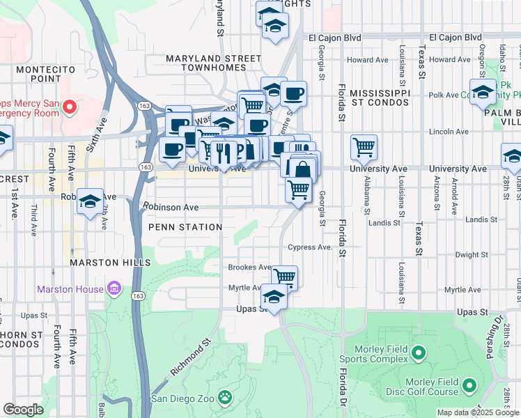 map of restaurants, bars, coffee shops, grocery stores, and more near 3754 Centre Street in San Diego