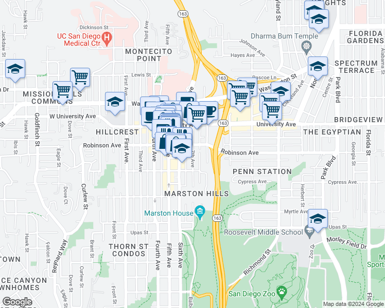 map of restaurants, bars, coffee shops, grocery stores, and more near in San Diego