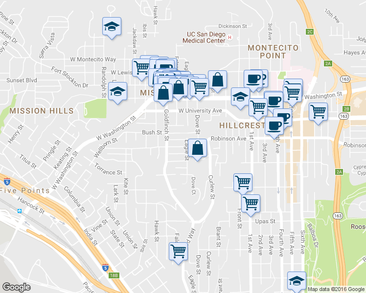 map of restaurants, bars, coffee shops, grocery stores, and more near 3761 Eagle Street in San Diego
