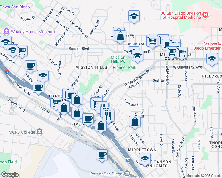 map of restaurants, bars, coffee shops, grocery stores, and more near 1710 Torrance Street in San Diego