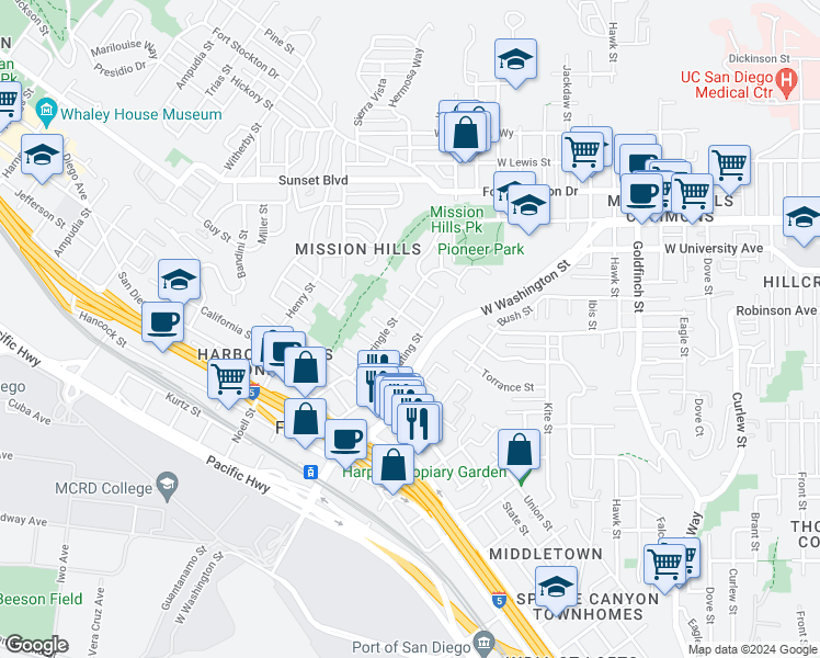 map of restaurants, bars, coffee shops, grocery stores, and more near 1710 Torrance Street in San Diego