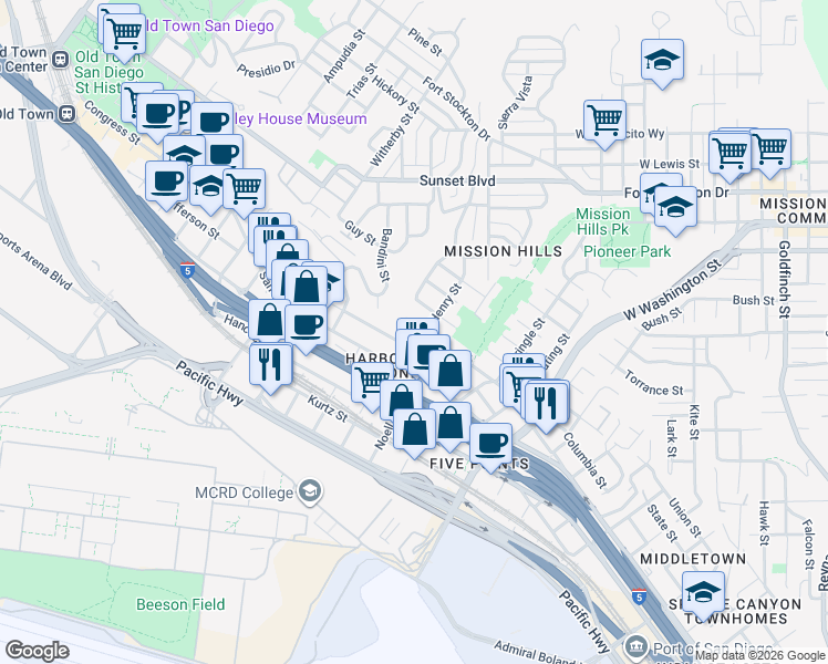 map of restaurants, bars, coffee shops, grocery stores, and more near 1977 Titus Street in San Diego