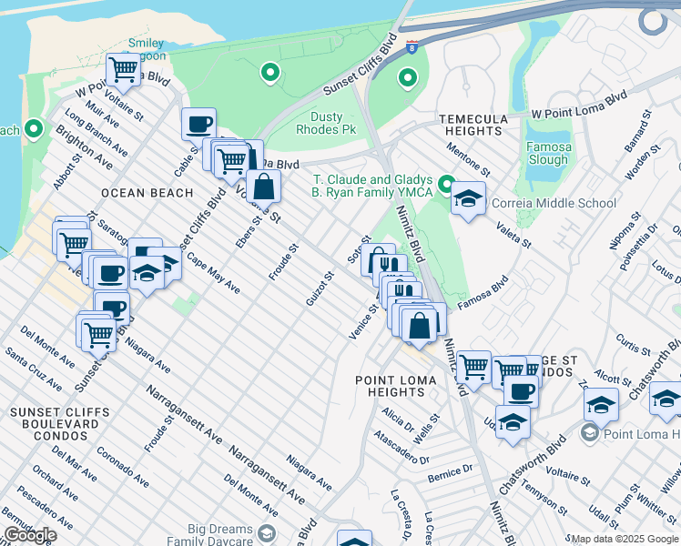 map of restaurants, bars, coffee shops, grocery stores, and more near 2176 Guizot Street in San Diego