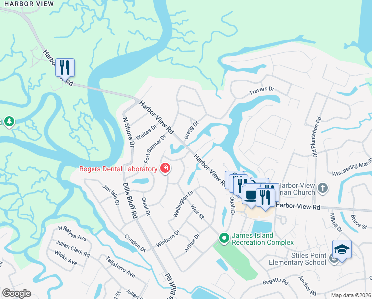 map of restaurants, bars, coffee shops, grocery stores, and more near 1123 Harbor View Road in Charleston