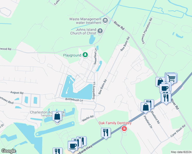 map of restaurants, bars, coffee shops, grocery stores, and more near 2928 Sugarberry Lane in Johns Island