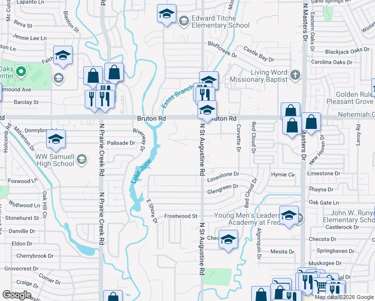 map of restaurants, bars, coffee shops, grocery stores, and more near 1953 North Saint Augustine Drive in Dallas